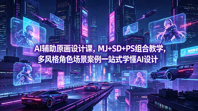 AI辅助原画设计课，MJ+SD+PS组合教学，多风格角色场景案例一站式学懂AI设计-三禾网络