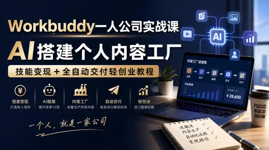 Workbuddy一人公司实战课，AI搭建个人内容工厂，技能变现+全自动交付轻创业教程-三禾网络