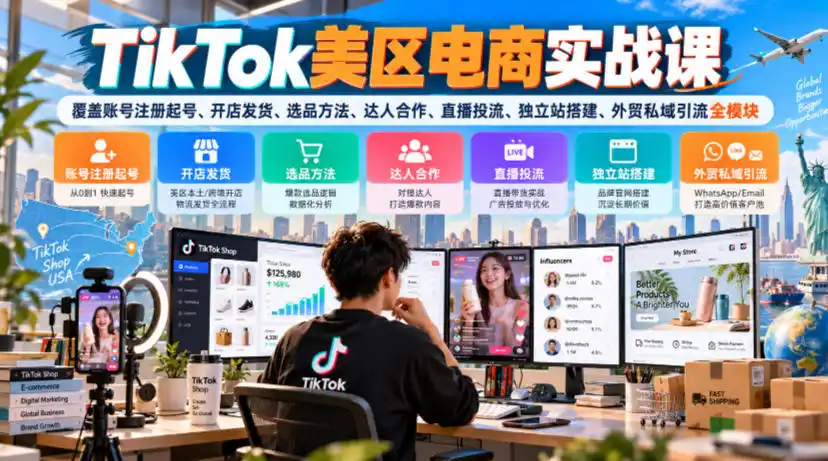 TikTok美区电商实战课,覆盖账号注册起号、开店发货、选品方法、达人合作、直播投流、独立站搭建、外贸私域引流全模块-三禾网络