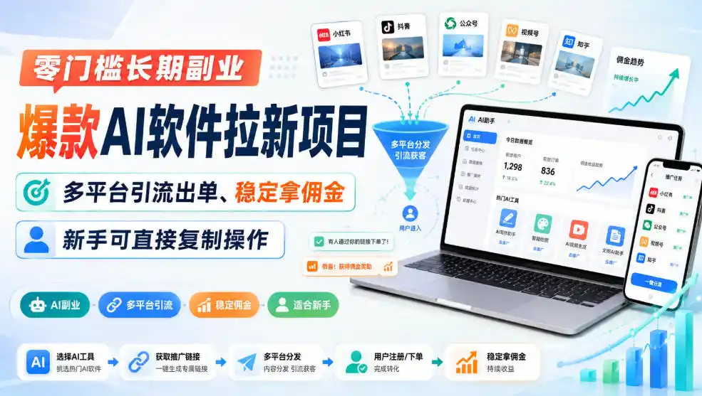 零门槛长期副业，爆款AI软件拉新项目，多平台引流出单、稳定拿佣金，新手可直接复制操作-三禾网络