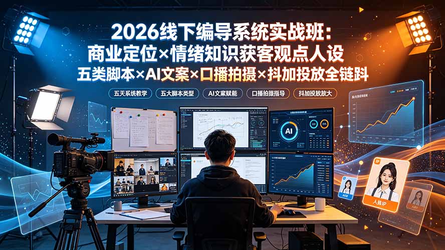2026线下编导系统实战班：商业定位×情绪知识获客观点人设五类脚本×AI文案×口播拍摄×抖加投放全链路-三禾网络
