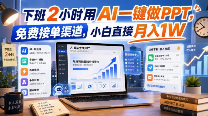 下班2小时用AI一键做PPT，免费接单渠道，小白直接月入1W【揭秘】-三禾网络