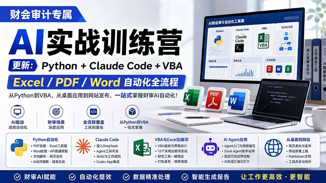 财会审计专属 AI实战训练营：Python+Claude Code+VBA，Excel/PDF/Word自动化全流程 (更新-三禾网络