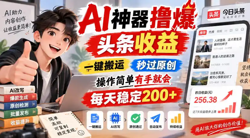AI神器撸爆头条收益，一键搬运，秒过原创，操作简单有手就会，每天稳定200+【揭秘】-三禾网络