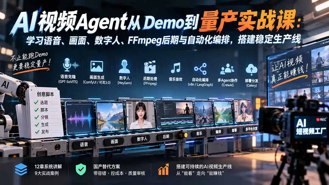 AI视频Agent从Demo到量产实战课：学习语音、画面、数字人、FFmpeg后期与自动化编排，搭建稳定生产线-三禾网络