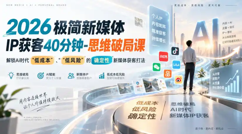 2026极简新媒体IP获客40分钟-思维破局课，解锁Ai时代“低成本”、“低风险”的确定性新媒体获客打法-三禾网络