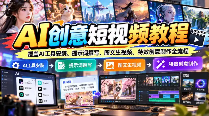 AI创意短视频教程，覆盖AI工具安装、提示词撰写、图文生视频、特效创意制作全流程-三禾网络
