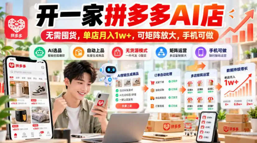 开一家拼多多AI店，无需囤货，单店月入1w+，可矩阵放大，手机可做【揭秘】-三禾网络
