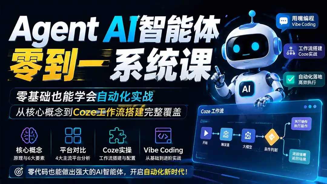 Agent AI智能体零到一系统课；零基础也能学会自动化实战，从核心概念到Coze工作流搭建完整覆盖-三禾网络
