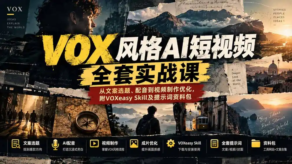 【无水印】VOX风格AI短视频全套实战课:从文案选题、配音到视频制作优化,附VOXeasy Skill及提示词资料包-三禾网络