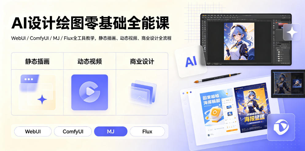 AI设计绘图零基础全能课｜WebUI/ComfyUI/MJ/Flux全工具教学，静态插画、动态视频、商业设计全流程-三禾网络