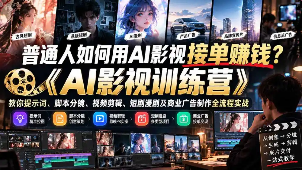 普通人如何用AI影视接单赚钱？《AI影视训练营》教你提示词、脚本分镜、视频剪辑、短剧漫剧及商业广告制作全流程实战-三禾网络