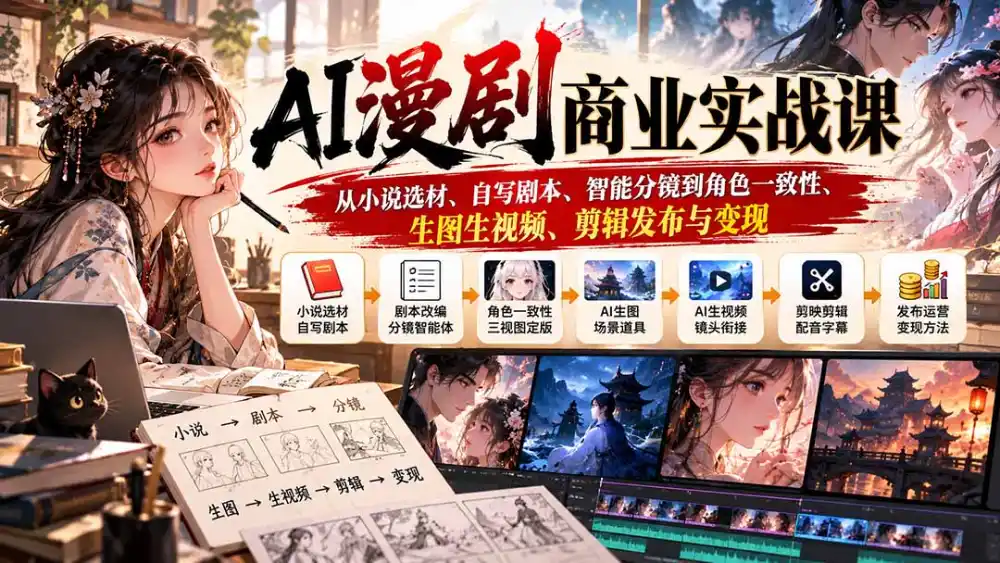 AI漫剧商业实战课：从小说选材、自写剧本、智能分镜到角色一致性、生图生视频、剪辑发布与变现-三禾网络