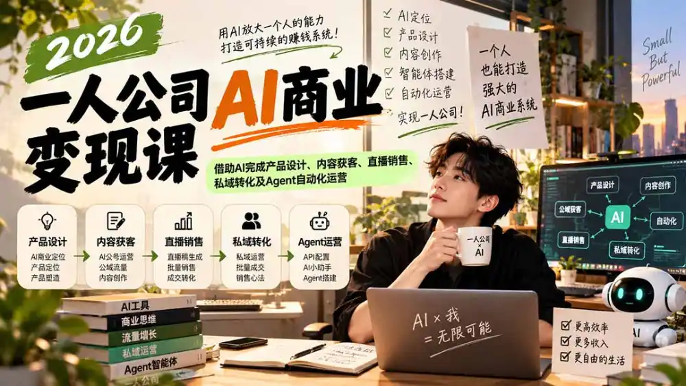 2026一人公司AI商业变现课：借助AI完成产品设计、内容获客、直播销售、私域转化及Agent自动化运营-三禾网络