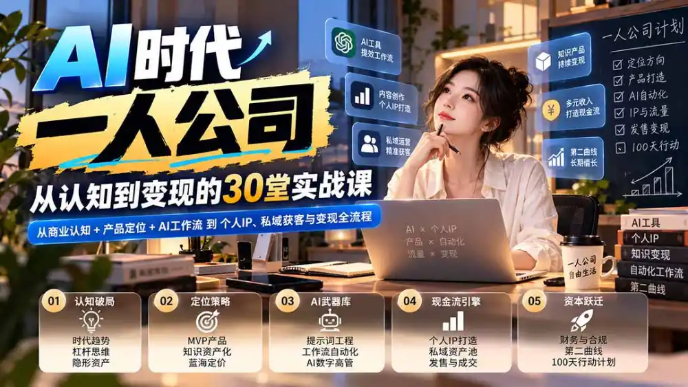 【无水印】AI时代一人公司30堂实战课：从商业认知+产品定位+AI工作流到个人IP、私域获客与变现全流程-三禾网络