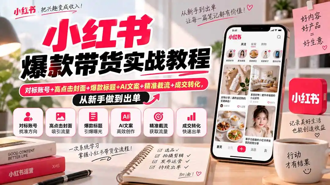小红书爆款带货实战教程｜对标账号+高点击封面+爆款标题+AI文案+精准截流+成交转化，从新手做到出单-三禾网络