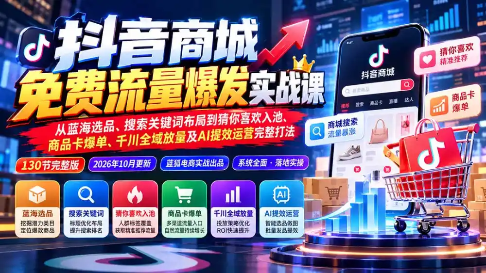 抖店城免费流量爆发实战-更新:蓝海选品、搜索关键词布局到猜你喜欢入池、商品卡爆单、千川全域放量及AI提效完整打法 抖店城免费流量爆发实战-更新:蓝海选品、搜索关键词布局到猜你喜欢入池、商品卡爆单、千川全域放量及AI提效完整打法