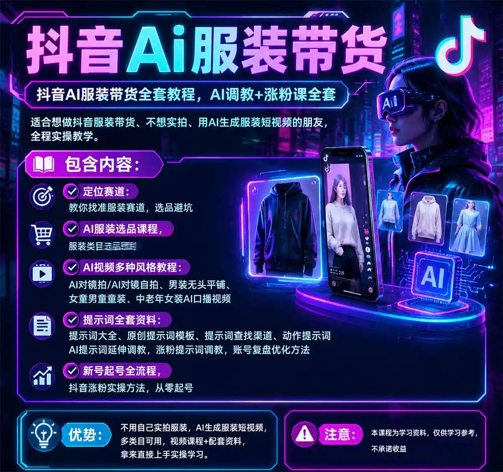 抖音AI服装带货全套教程,不靠真人出镜,利用AI批量制作服装带货短视频,打通选品、AI提示词调教、起号涨粉全流程-三禾网络