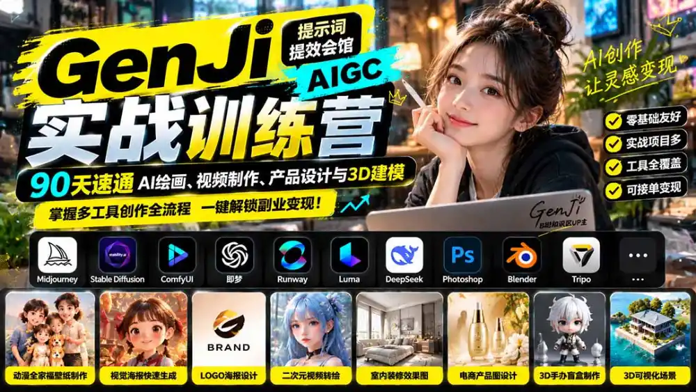 GenJi AIGC实战训练营:90天速通AI绘画、视频制作、产品设计与3D建模,掌握多工具创作全流程-三禾网络