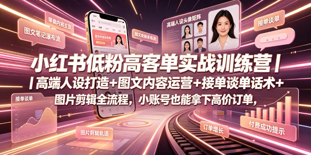 小红书低粉高客单实战训练营｜高端人设打造+图文内容运营+接单谈单话术+图片剪辑全流程，小账号也能拿下高价订单-三禾网络