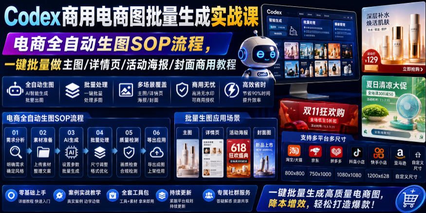Codex商用电商图批量生成实战课｜电商全自动生图SOP流程，一键批量做主图/详情页/活动海报/封面商用教程-三禾网络
