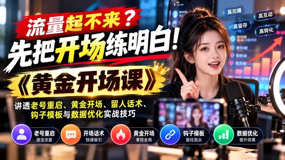 流量起不来？先把开场练明白！《黄金开场课》讲透老号重启、黄金开场、留人话术、钩子模板与数据优化实战技巧-三禾网络