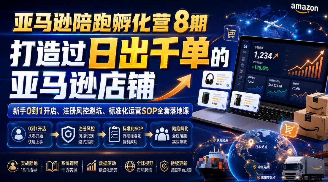 亚马逊陪跑孵化营8期，打造过日出千单的亚马逊店铺，新手0到1开店、注册风控避坑、标准化运营SOP全套落地课-三禾网络