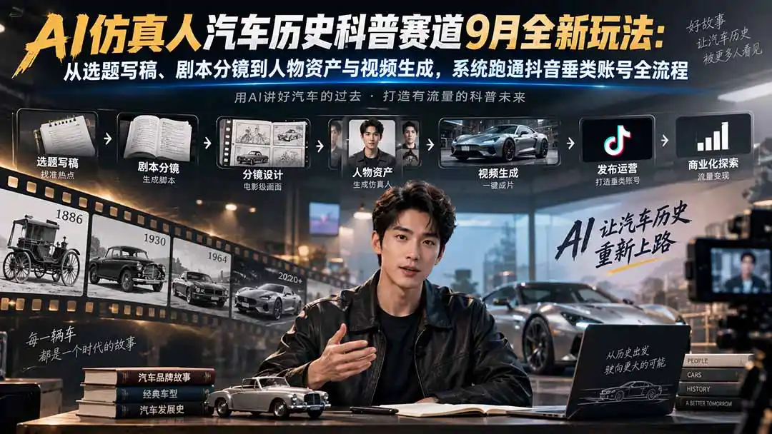 AI仿真人汽车历史科普赛道9月全新玩法：从选题写稿、剧本分镜到人物资产与视频生成，系统跑通抖音垂类账号全流程-三禾网络