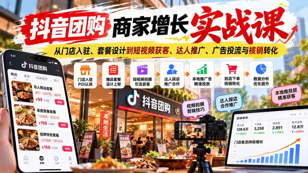 抖音团购商家增长实战课：从门店入驻、套餐设计到短视频获客、达人推广、广告投流与核销转化-三禾网络
