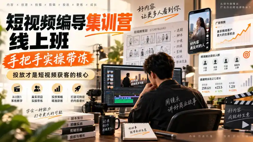 短视频编导集训营线上班，手把手实操带冻，投放才是短视频获客的核心-三禾网络