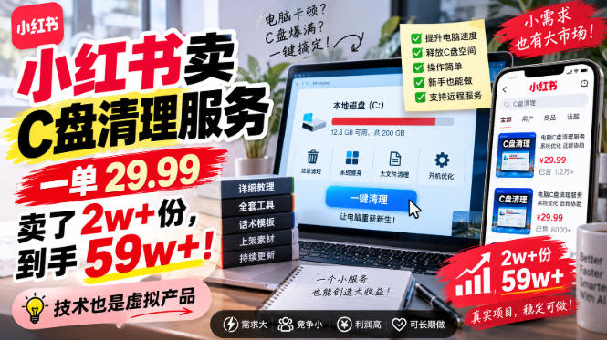 小红书卖C盘清理服务，一单29.99，卖了2w+份，技术也是虚拟产品-三禾网络