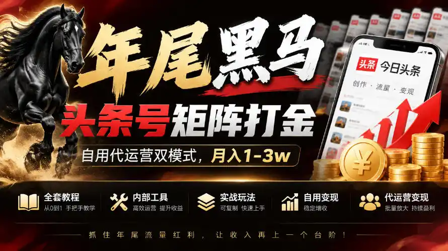 【年尾黑马】头条号矩阵打金，自用代运营双模式，月入1-3w，附全套教程及内部工具【揭秘】-三禾网络