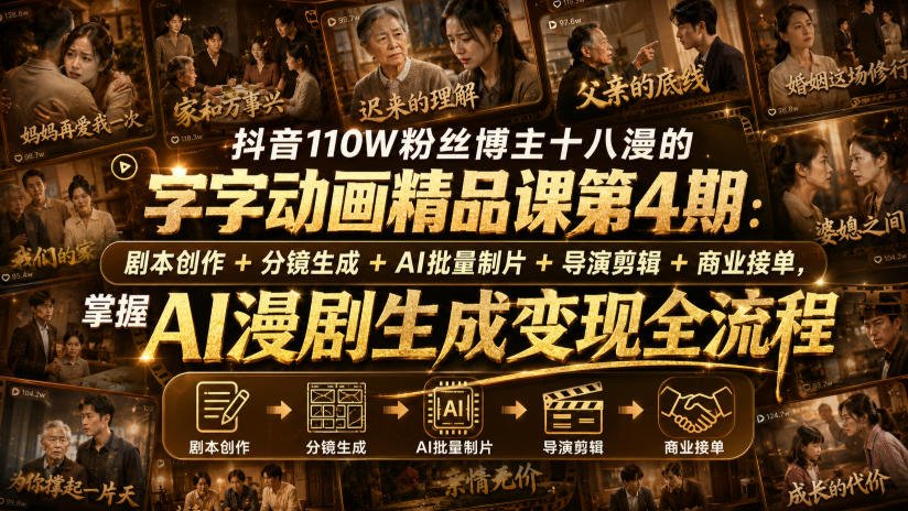 抖音110W粉丝博主十八漫的字字动画精品课第4期：剧本创作+分镜生成+剪辑+商业接单，掌握AI漫剧生成变现全流程-三禾网络