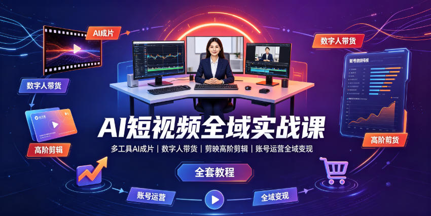 AI短视频全域实战课｜多工具AI成片、数字人带货、剪映高阶剪辑、账号运营全域变现全套教程-三禾网络