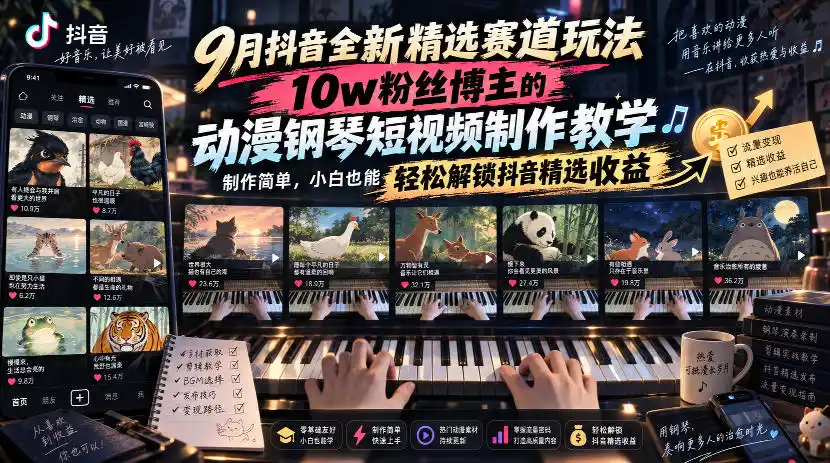 9月抖音全新精选赛道玩法,10w粉丝博主的动漫钢琴短视频制作教学,制作简单,小白也能轻松解锁抖音精选收益 9月抖音全新精选赛道玩法,10w粉丝博主的动漫钢琴短视频制作教学,制作简单,小白也能轻松解锁抖音精选收益
