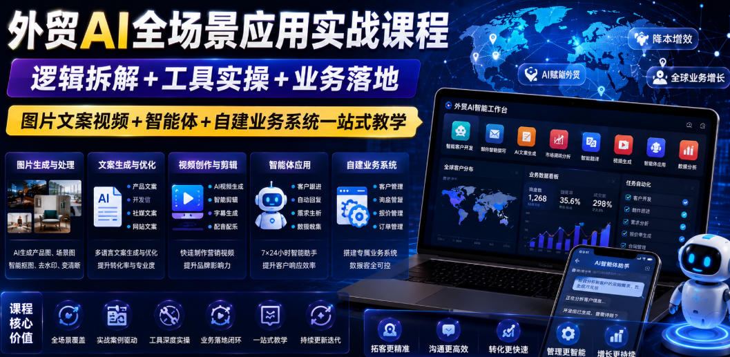 外贸AI全场景应用实战课程|逻辑拆解+工具实操+业务落地,图片文案视频+智能体+自建业务系统一站式教学-三禾网络