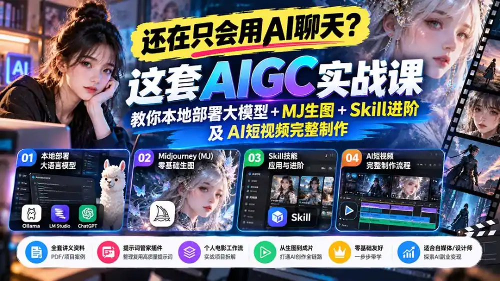 【无水印】还在只会用AI聊天？这套AIGC实战课教你本地部署大模型+MJ生图+Skill进阶及AI短视频完整制作-三禾网络