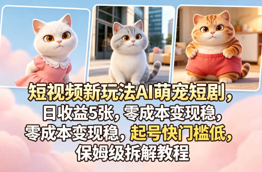 短视频新玩法AI萌宠短剧，日收益5张，零成本变现稳，起号快门槛低，保姆级拆解教程-三禾网络