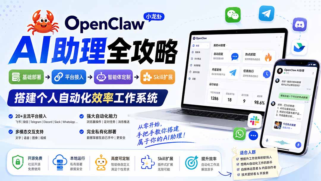 OpenClaw小龙虾 AI助理全攻略：基础部署→平台接入→智能体定制→Skill扩展，搭建个人自动化效率工作系统-三禾网络